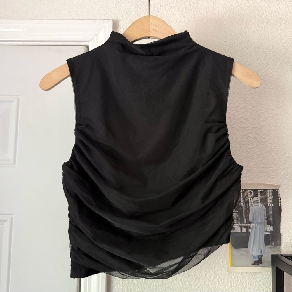 NAKEDVICE black mesh knit ruched mock funnel neck sleeveless tank‎ asymmetrical